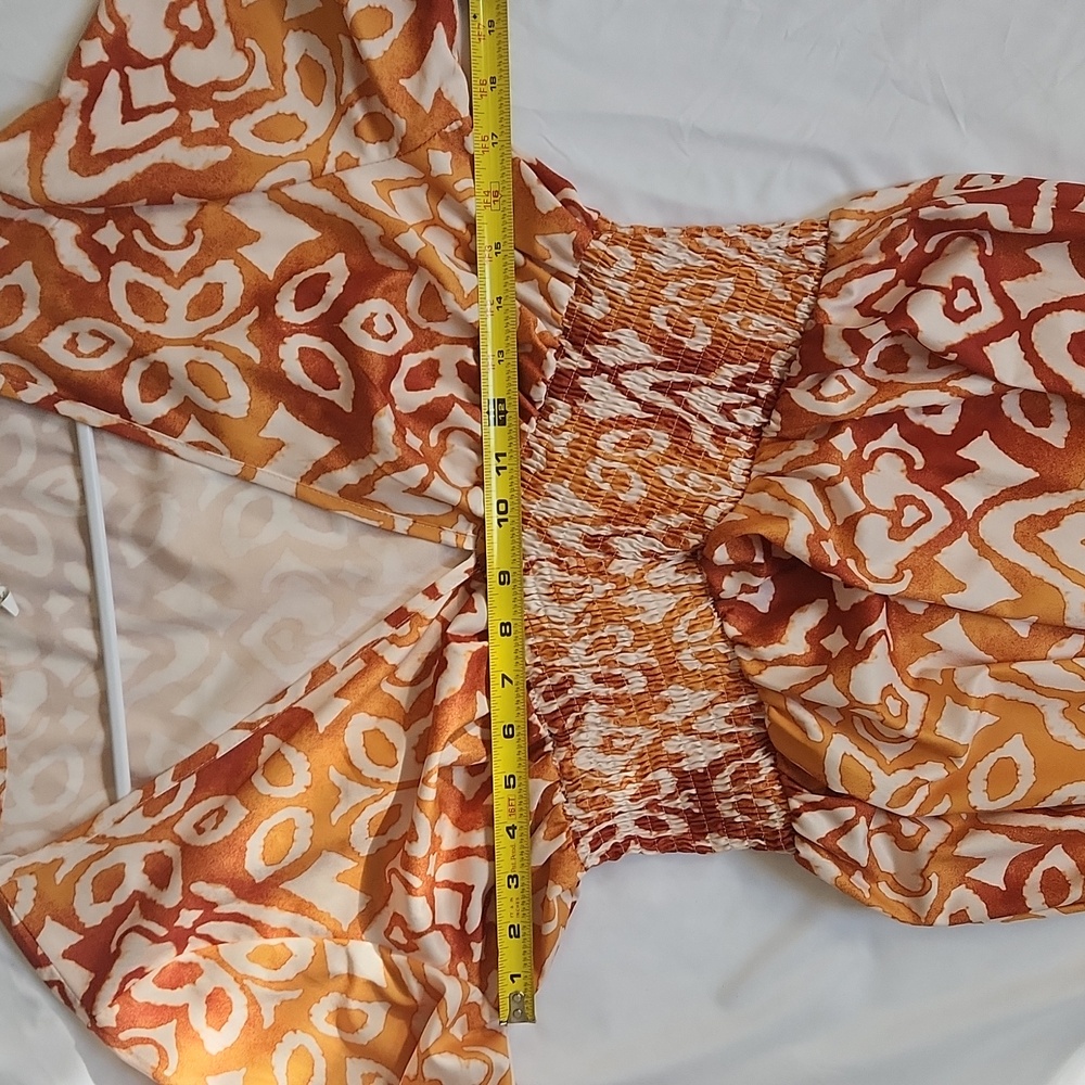Boho Smocked Midi Dress | Peach & Cream V-Neck Flowy Dress - Picture 4 of 4